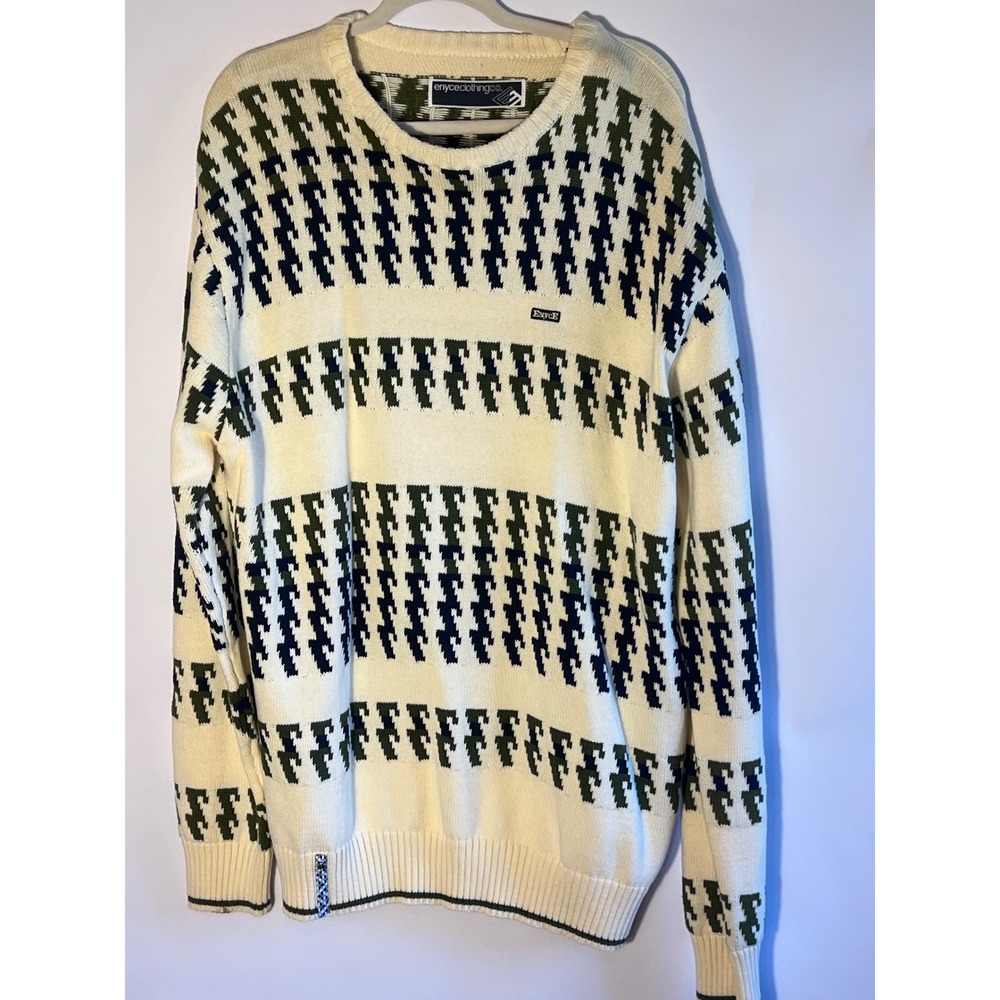Enyce Mens Crewneck Sweater XXL Cozy Cream Green Navy Printed Pattern Cotton NWT